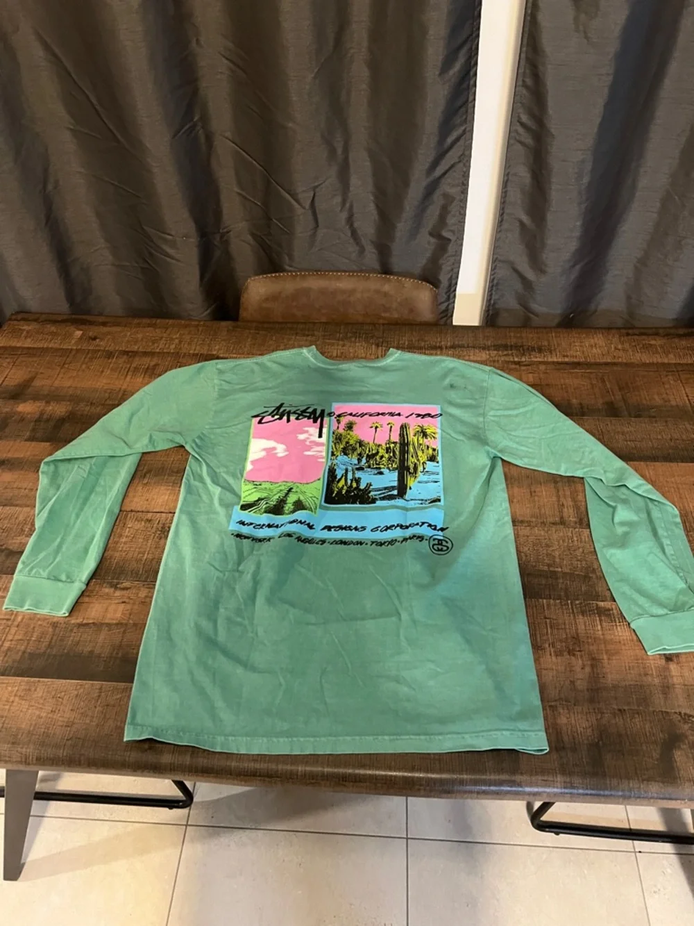 Stussy Seafoam Green Long Sleeve Tee with Pink & Yellow Chest Graphic - Picture 3 of 4